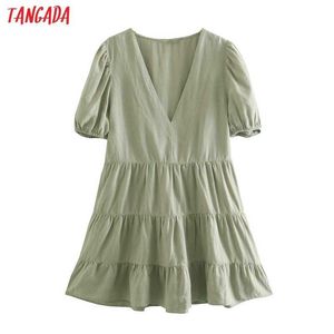 Tangada Sommer Frauen Solide Leinen Baumwolle Kleid V-ausschnitt Kurzarm Damen Mini Kleid Vestidos 5Z132 210609