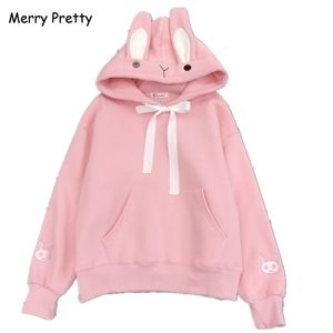 Merry Pretty Kawaii Tatlı Tavşan Kulakları Kapşonlu Kazak Kadın Harajuku Karikatür Nakış Hoodies Eşofman Moletom Kazaklar 201030