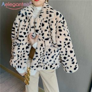 AelegantMis Vintage Faux Fur Leopard Giacche Donne Artificial Mink Mink Cappotto di spessore Inverno Casual Fashion Allentato Capispalla RY 210607
