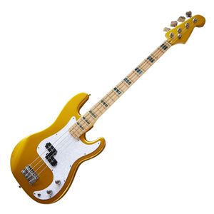 Hochwertige-4-Saiten glänzende Gold-elektrische Bassgitarre mit Abalone-Inlay, Ahorn-Griffbrett, weißer Pickguard