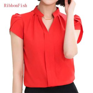 Office OL Kadınlar Kadın Yaz Tarzı Şifon Bluzlar Gömlek Lady Kızlar Rahat V Yaka Kısa Kollu Blusas DF1177 Tops 210609