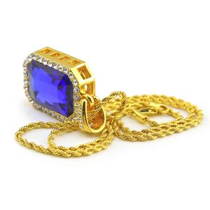 Iced Out Mini Square Crystal Bling Rhinestone Statement Pendant Necklace inch Twist chain Red Blue Gem Drop Jewelry