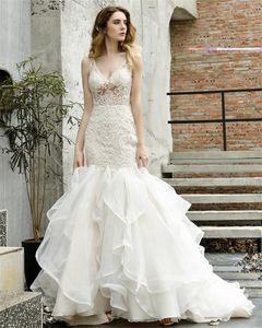 Abiti da sposa a sirena bianca principessa Appliques in pizzo Abito da sposa senza maniche Lunghezza del pavimento su misura Volant multistrato Robes De Mari￩e