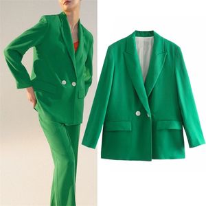 TRAF ZA Green Blazer Mulheres Dupla Breasted Mulher Primavera Longo Jaqueta Escritório Feminino Terno Elegante Manga S 211019