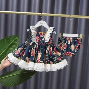 Baby flicka vintage blommig klänning barn spanska lolita klänningar spädbarn dop kula klänningar lite tjejer prinsessan vestidos 210615