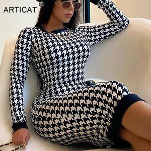 Günlük Elbiseler Houndstooth Oymak Elbise Kadınlar Siyah O-Boyun Uzun Kollu Bodycon Bayanlar Bahar Sıska Partywear Vestidos