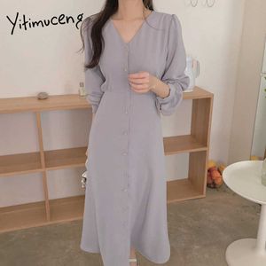 Yitimuceng Long Dresss for Women Summer Button Up Elegante vestito midi Midi Corean Short Short Office Sundassing 210601
