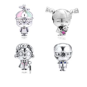 Familjsymbol Mr Mrs Wise Hat Boy Pigtails Girl Charm Pärlor för Armband Kvinnor Charms Smycken Göra DIY 925 Sterling Silver Q0531