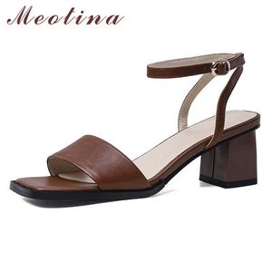 Meotina Ayak Bileği Kayışı Kadın Ayakkabı Hakiki Deri Yüksek Topuk Sandalet Kare Toe Kalın Topuklu Ayakkabı Bayanlar Yaz Sandalet Siyah 210608