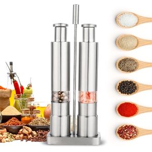 Manual Salt and Pepper Grinder Set Thumb Push Mill Stainless Steel Spice Sauce Grinders With Metal Holder Kitchen Tool 220311