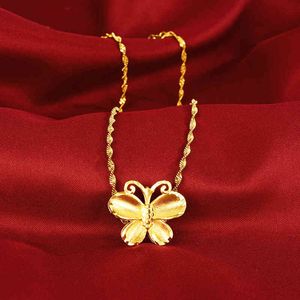 24k gelbe Schmetterlings-Halsketten für Frauen, Hochzeit, Verlobung, Geburtstag, Damen-Halskette aus reinem Gold, Kette, Schmuck, Geschenke 2021