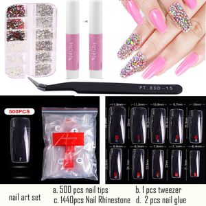 Nail Art Kits 500 pcs tips glue tweezer 1440 pcs nail reinestone Set nail art tool