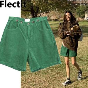 Flectit Bermudy Spodenki Kobiety Wysoka Talia Szeroka noga Oversized Corduroy Student Girl Casual Stroje 210719