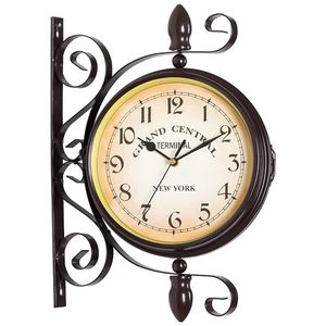 Two-sided Metal Wall Clock Vintage Silent Living Room Double Face Clocks Iron Bell American Wall Watch Horloge Mural Decor SC254 210724