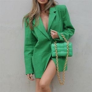 캐주얼 여자 린넨 블레이저 녹색 대형 코튼 가을 패션 여성 느슨한 포켓 outwear 숙녀 가로복 블레이저 211122