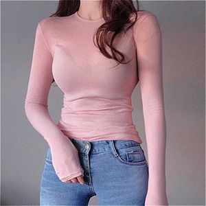 Womengaga Korea różowa dziewczyna kobieta słodka podstawa lekko przezroczyste seksowne topy t shirt tshirt befree lato daje top 8fxa 210603