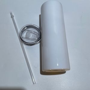 Hav helt rak 20oz sublimering blankor vita skinny tumblers dubbelmur isolerad vakuum rostfritt stål vatten rånar med lock halm för DIY älskare 600ml flaska