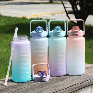 64OZ Motivational Water Bottle with Time Marker& Straw Leakproof BPA Free Fitness Sports Juice Jug with Paracord Handle