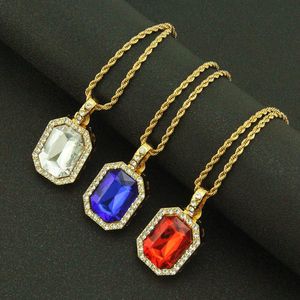 Pendant Necklaces Iced Rhinestone Gem Necklace Blue White Red Square For Men Hip Hop Jewelry Gift