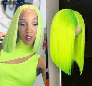 Short Bob Brazilian Wig Green Color Straight Simulation Human Hair Synthetic Lace Front Wigs For Black Women Cosplay