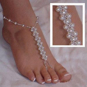 Anklets 1pcs Fashion Imitation Pearl Beaded Elasticity Toe Ring Summer Beach Bridal Barefoot Sandaler Foot Smycken Kvinnor Anklet