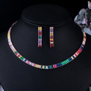 Earrings & Necklace Multicolor Rainbow Rectangle Cubic Zirconia 2021 Trend Sets For Women Trendy Party Boho Costume Jewelry
