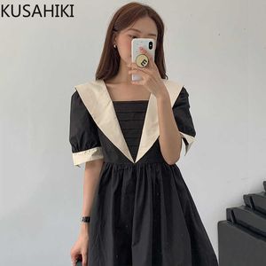 Korea Chic Hit Color Square Collar Woman Dress Puff Sleeve High Waist A-line Dresses Summer Vestidos 6G504 210603