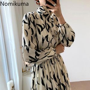 Nomikuma الوقوف طوق القوس عقدة الدانتيل يصل اللباس الأنيق المرأة ضئيلة الخصر طويل الأكمام المطبوعة فساتين ماكسي vestidos موهير 3C618 210306