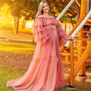 Off the Shoulder Women's Prom Dresses Tiered Ruffles Evening Party Gowns Front Split Photography Dress