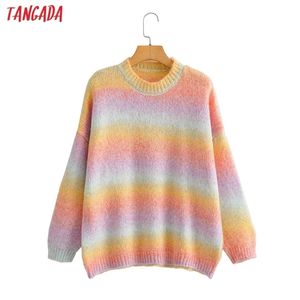 Tangada Kvinnor Mode Rainbow Striped Stickad Sweater Jumper O Neck Female Elegant Oversize Pullovers Chic Tops BC64 211011