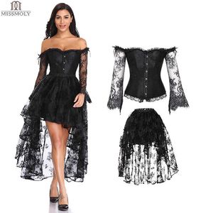 Steampunk espartilho espartilho sexy gótico bustier estilo irregular top lace strapless vestido 14 aço desossado emagrecimento burlesque roupas 210603