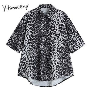 Yitimuceng Leopard Blouse Women Vintage Button Up Shirts Loose Straight Turn-down Collar Clothes Summer Fashion Tops 210601