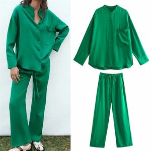 WXWT Za kobiety Zielone Zestawy Casual Kieszenia Dekoruj Oversized Shirt Pants Suit 2 sztuki Solidne Top i Garnitury Ozz1042 211105