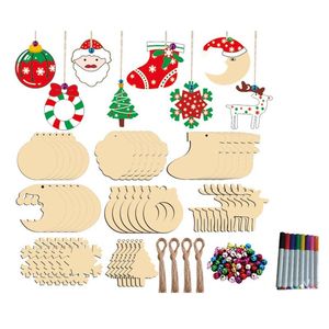 Christmas Decorations 1Set Wooden Tree Shape Cutouts Crafts Natural Wood Hanging Ornaments With Twines For Decoration