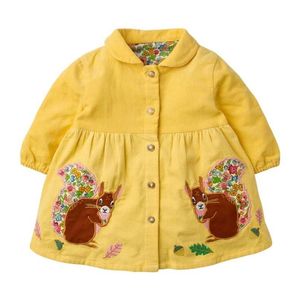 Frocks for Baby Girl Brand Autumn Clothes Animal Applique Toddler Corduroy Peter Fan Collar Yellow Fall Dress for Kids 2-7 Years 211027