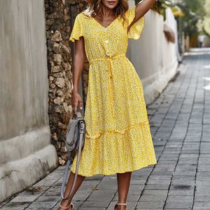 アトージャンド夏のファッション黄色いドレスボヘミアン半袖ビンテージソリッドマキシドレスボホ結婚式ゲストレディースローブP0809