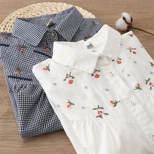 Lamtrip flores bordados xadrez branco algodão de manga comprida camisa blusa mori menina 210225