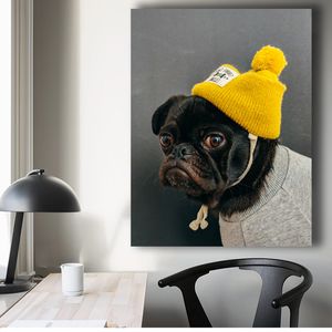 Decorazione di arte della parete Cool Bulldog nero Cappello giallo Stampe su poster su tela Pittura Camera dei bambini Decorazioni per la casa Cudros Senza cornice