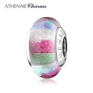 Athenaie Hakiki 925 Ayar Gümüş Takılar Renkli Gökkuşağı Murano Cam Boncuk Takı Yapımı için Fit Charm Bilezik Valentine Q0531
