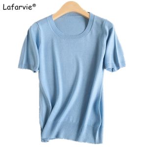 Lafarvie Cashmere misturado camisola de malha mulher mulheres tops verão o-pescoço manga curta macio confortável cor sólida camiseta Sweter pull 210812