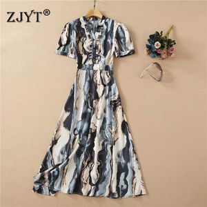 Fashion Women Summer Dress Runway Designers V Neck Ruffles Short Sleeve Painted Print Midi Dress Elegant Vestidos 210601