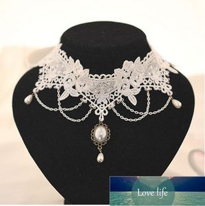 Imitation Pearl White Black Lace Choker Necklaces Bridal Jewelry Women Wedding tattoo Tassel Punk Style Lace Pendant