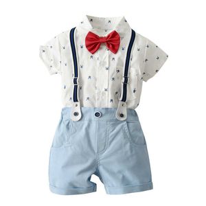 Kinder Sommer Kleidung Baby Gedruckt Kleidung Kinder Kurzarm Hemd + Himmel Blau Hosen Baby Sling 4PCS Infant Junge kleidung Set X0802
