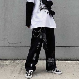 QWEEK Boy Merkezi Goth Pantolon Grunge Estetik Punk Geniş Bacak Kadın Streetwear Graffiti Yüksek Bel Pantolon 211115