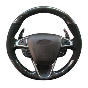 フォードMondeo Fusion 2013-2019 Edge 2015-2019のための車のステアリングホイールカバーハンドステッチの滑り止め黒炭素繊維繊維