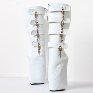 Fetisch Ballett Stövlar Kvinnor 18cm Super High Heel Sexy White Wedge Hoof Heelless Platform Skor Låsbara Knee High Slave Boots