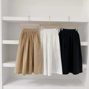 Koreanska Chic Mid-Length Fat All-Match A-Line High Waist Big Swing Khaki Skirt Kvinnor Elegant Vintage Black Faldas Mujer 210610