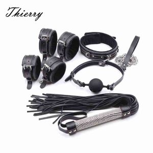 Brinquedos adultos nxy thierry couro genuíno amarrado Ultimate Bondage Kit de silicone bola gag colarinho pulso e tornozelo algemas chicote de cristal espancar brinquedos sexuais 1201