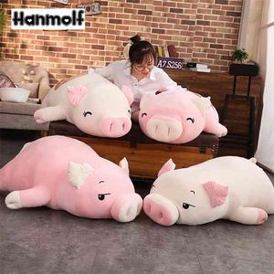 40~110cm Squishy Pig Stuffed Doll Lying Plush Piggy Toy White/Pink Animals Soft Plushie Hand Warmer Blanket Kids Comforting Gift 210728