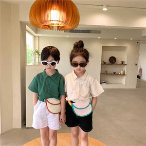 韓国風の子供たちのファッションユニセックスソリッドカラー半袖シャツ男の子女の子の緩いシングルブレストトップ210615